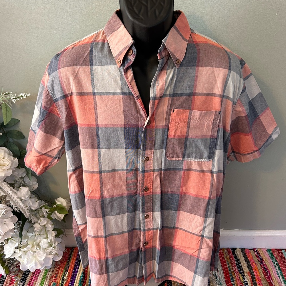 NEW Ocean Current Plaid Flannel Short Sleeve Shirt Coral Salmon Large